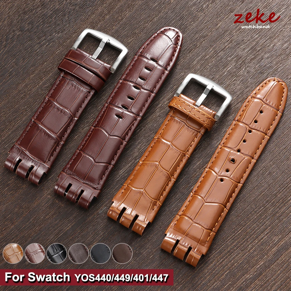 Für Swatch YOS440 449 401 447 Rindsleder-Uhrenarmband, schwarz, braun, matt, echtes Leder, Herren-Sportarmband mit Bambusprägung