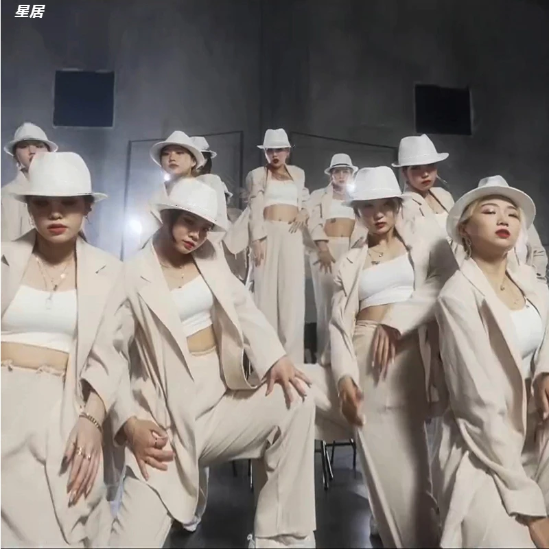 Kpop Women Group Jazz Dancer Outfit Women Street Wear Blazers Jacket Festival Clothing Rave Hip Hop Straight Pants Stage Costume