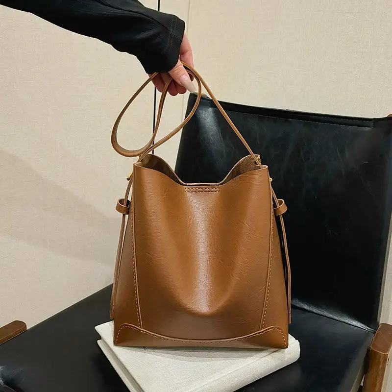 DIY Knitted Bag - Solid PU Leather Bucket Bag - Versatile Large Capacity Shoulder Bag - Beginner Set Dark Gray Womens Bag - view 3