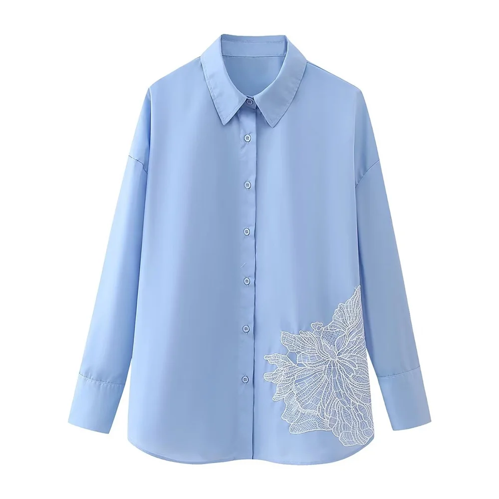 UNIZERA2024 Spring New Product Women\'s Fashion Simple Flip Collar Long Sleeve Embroidered Flower Decoration Solid Color Shirt