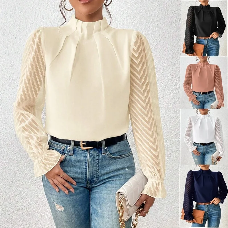 

Fashionable Korean Style Half High Collar Long Sleeve Chiffon Top Women's Loose Fit Color Lace Shirt Hollow out Design