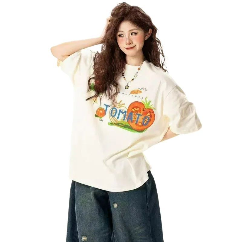 

Футболка женская из чистого хлопка в американском ретро-стиле с принтом «Томат», летняя новинка 2026, модная повседневная универсальная свободная модель