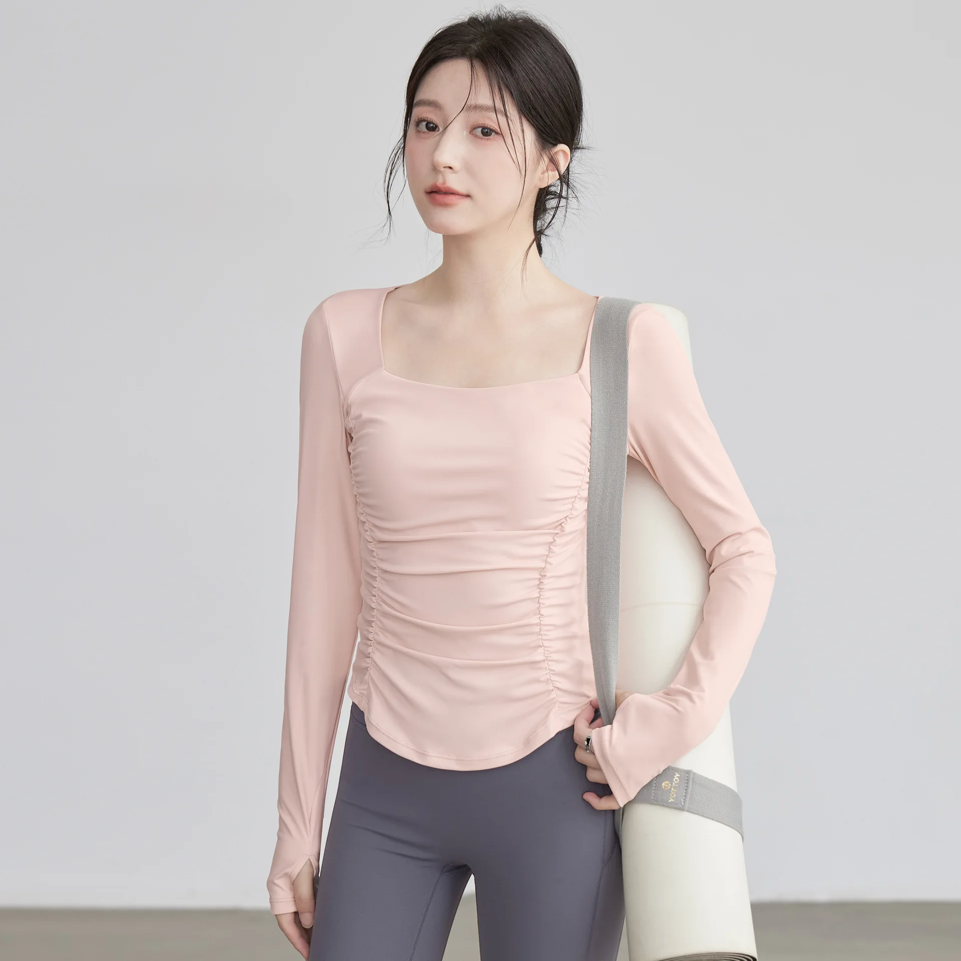 

Women's 2026 Pilates Yoga Top Ruched Waist Backless Long Sleeve with Built in Cup Stretchy Workout Shirt
