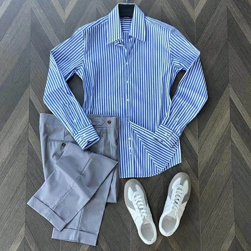 

Vintage large pointed neck striped long-sleeved shirt men's gentleman business casual blue striped four-season shirt