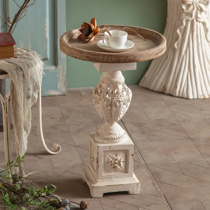 Roman column carved round table white French style, milk tea coffee table solid wood villa, living room style