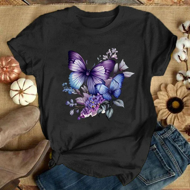 New Flower Butterfly Print T-Shirts Women Summer Cool Short Sleeve Female Casual T-Shirts Round Neck Tops