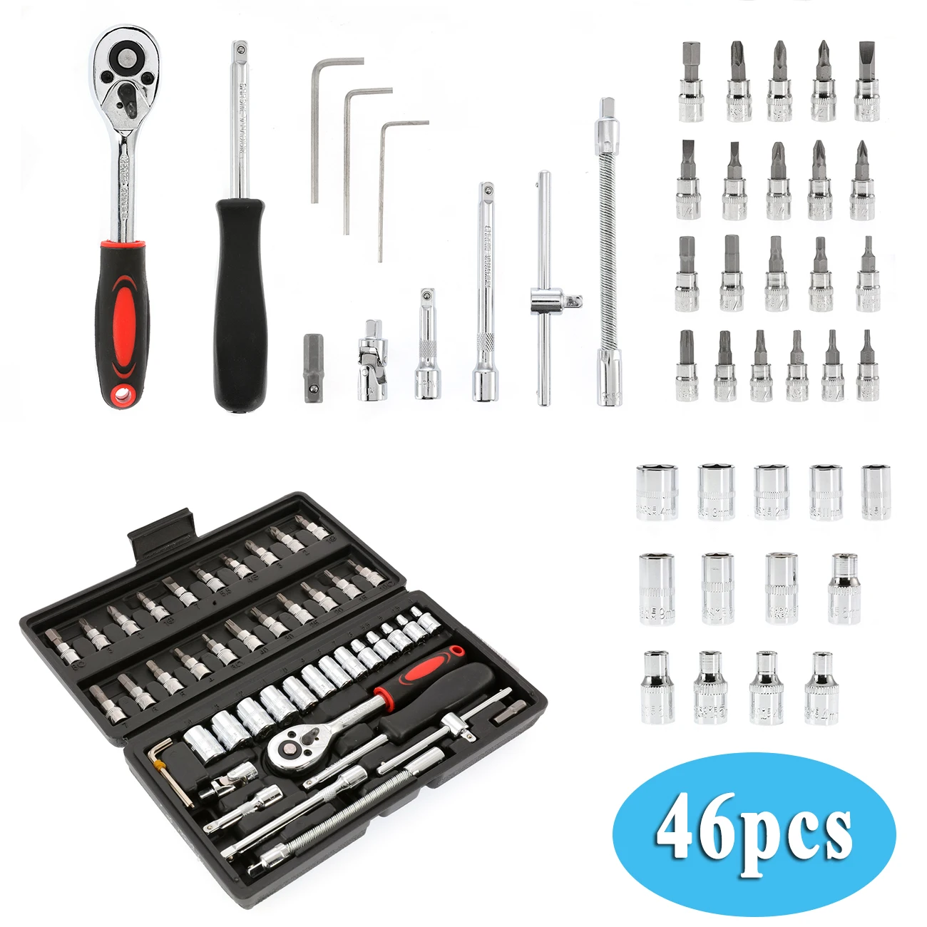 

46pcs Mechanics Hand Tool Set Kit 6-Point Socket Ratchet Wrench Set Household Auto Car Repair Tool with Case