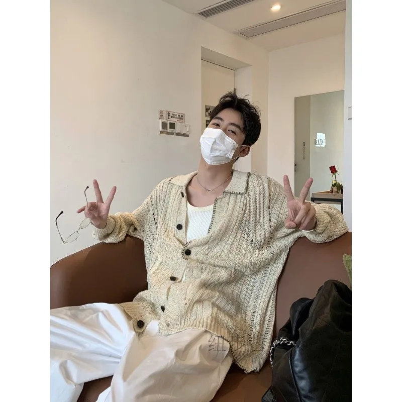 Japanese Lazy Style Knitted Cardigan Sweater for Men's Spring Turn-down Collar Long Sleeve Hollow Simple Coat Loose Casual Tops