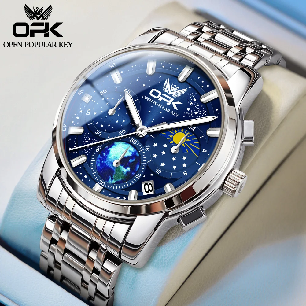 

OPK Men's Quartz Watch Starry Sky Moon phase Multifunctional Stainless Steel Waterproof Luxury Business Wristwatch for Men New