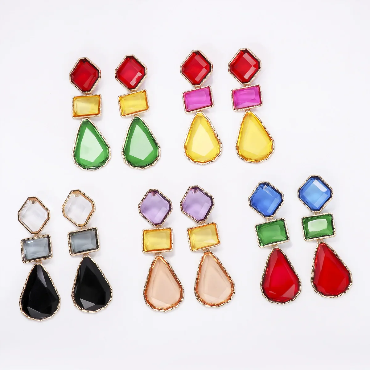 Vintage Cute Candy Color Square Rectangular Drop Link Combination Pendant Large Rhinestone Earrings for Women Retro Earings