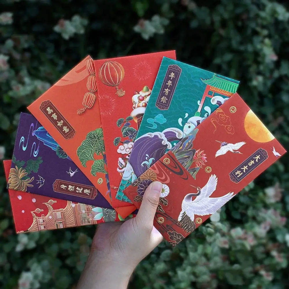 6Pcs Creative Lucky Money Crane Hot-Stamping Blessing Bless Pocket Red Envelope Chinese New Year Red Pocket