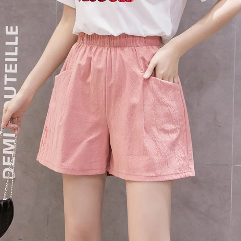 New Summer Shorts Women Solid Color Casual Loose Cotton Linen Short Pants Female Korean All-match Big Pockets Wide Leg Shorts