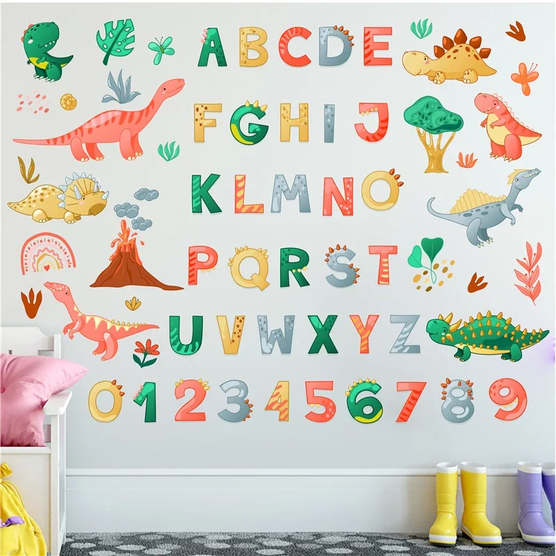 Study With Cartoon Dinosaurs Wall Stickers For Kids Room Decoration Numbers English Alphabet Mural Art Home Decal Nursery Poster