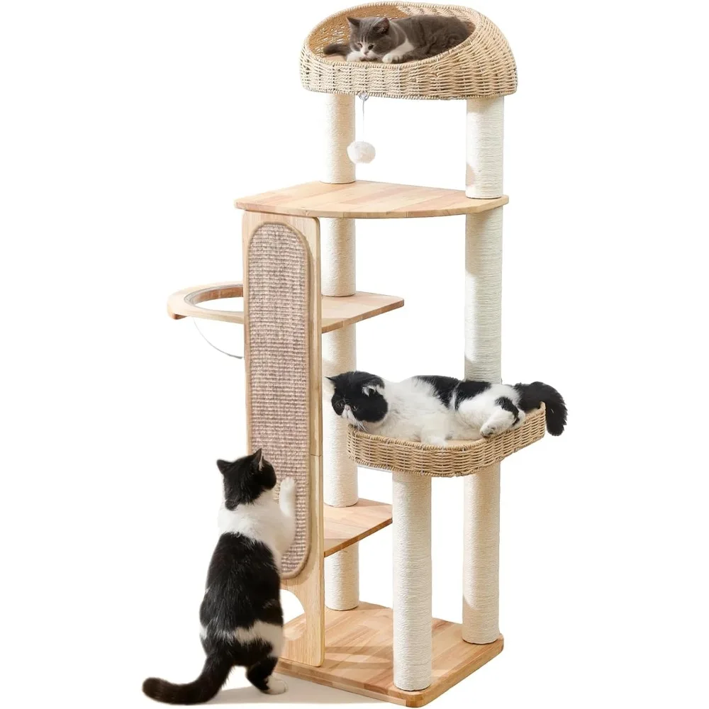 

59-inch Cat Tree，Cat Tower with Scratching Post,Extra Long Sisal Blanket, Handwoven Basket & Space Capsule Nest