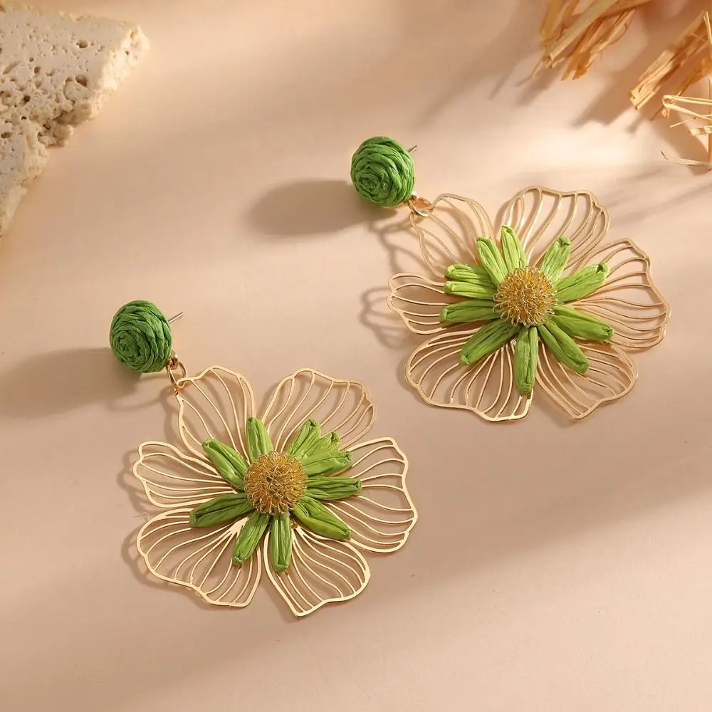 Summer Raffia Grass Flower Earrings Lafite Grass Hollow Out Straw Drop earrings Handmade Exaggerated Bohemian Earrings Party