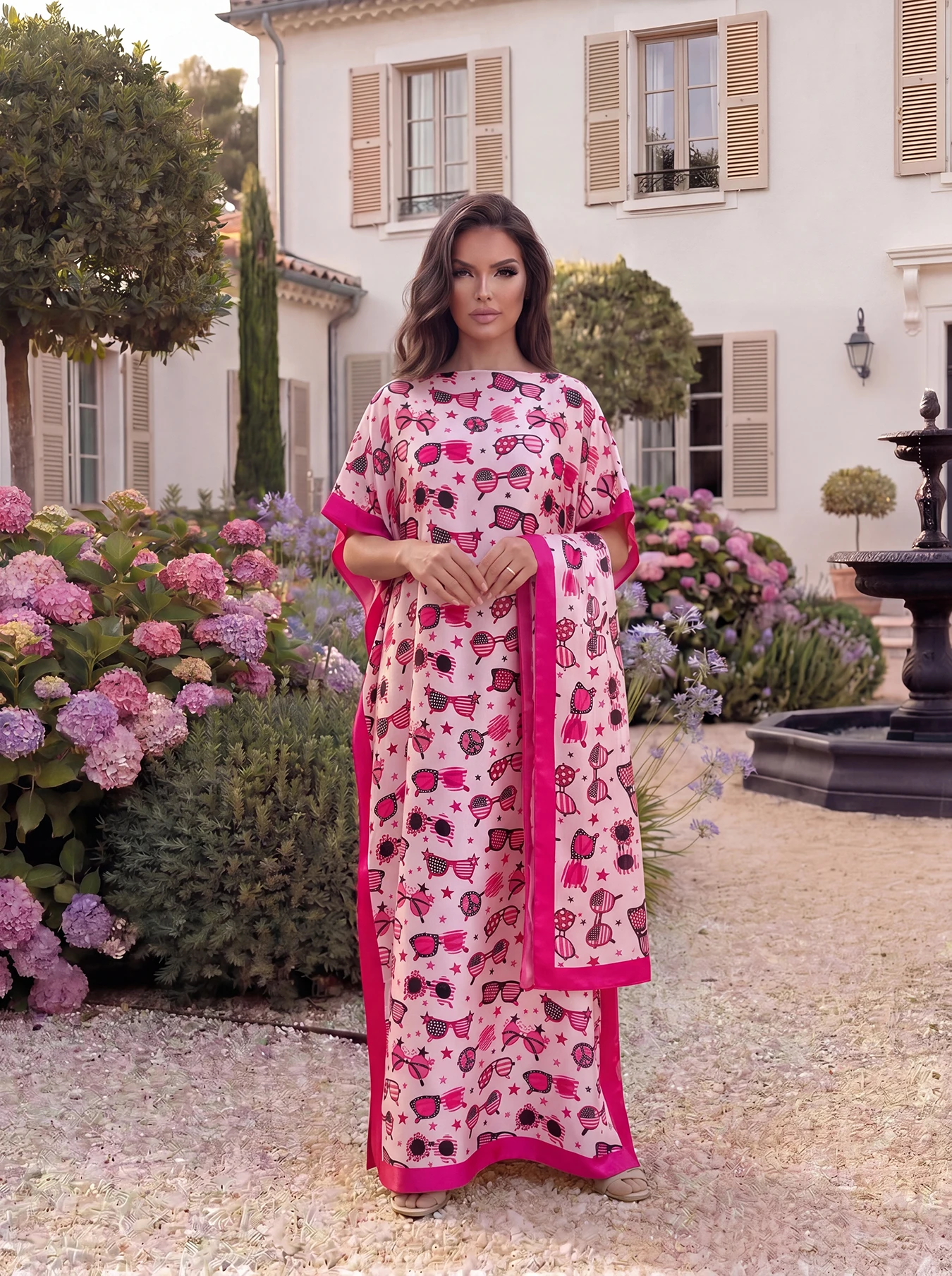 Sunglasses Star Print Satin Abaya with Matching Scarf, Loose Long Kaftan Robe, Summer Beach Outfit for African Muslim Women