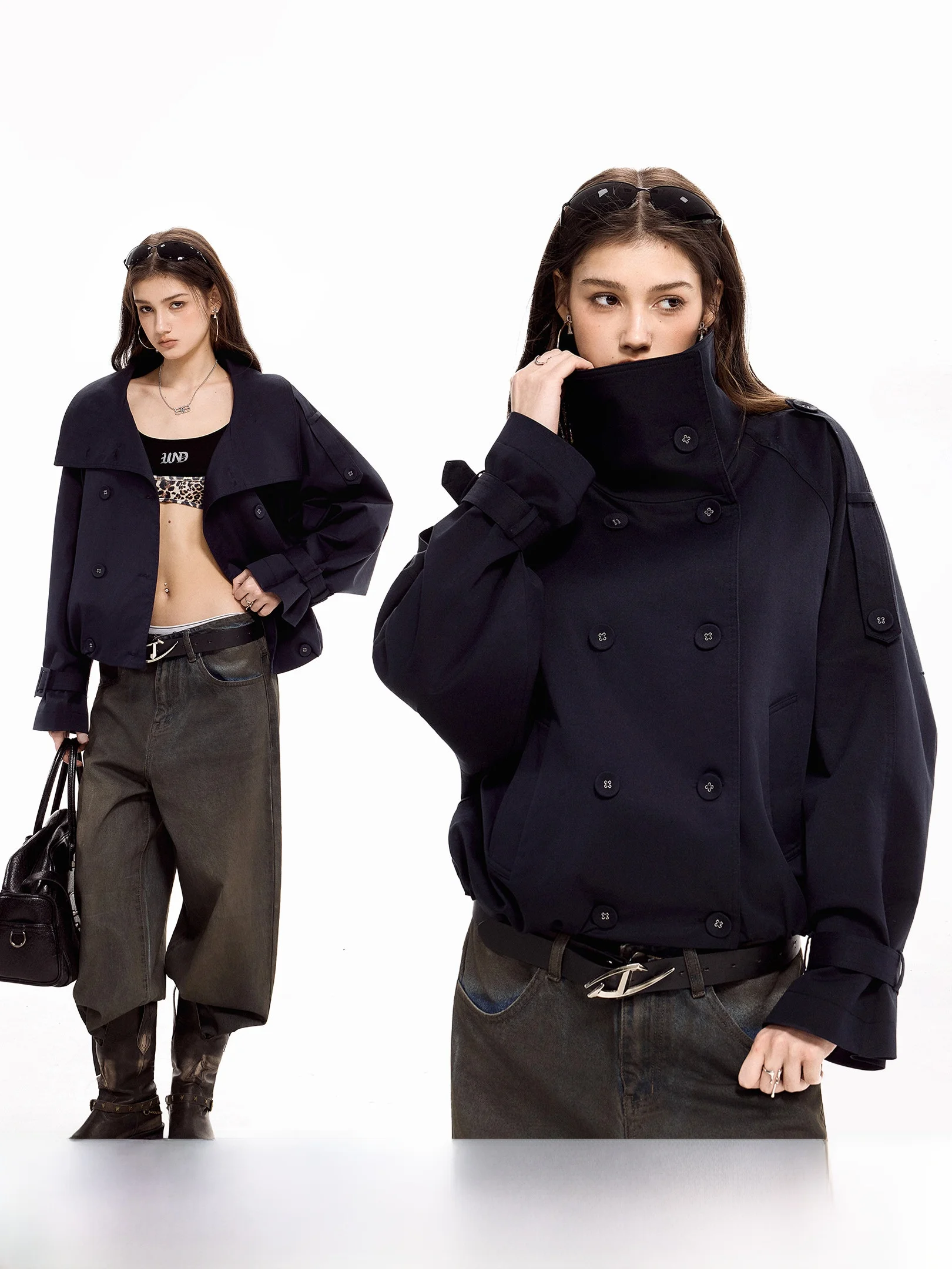 

Модная американская повседневная куртка-ветровка для женщин с двойными пуговицами и воротником-стойкой, легкая весенняя верхняя одежда