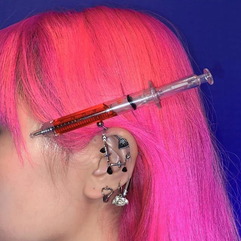 Harajuku Punk Syringe Bangs Side Clip Hair Clip Women Funny Hip Hop Cool Geometric Y2K Hairpin Hair Accessory Jewelry Y08E