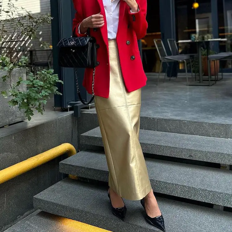 

New 2024 Women's PU Leather Skirt Bodycon Design Color Blo Metal Tone f Body Skirt Faionable Ele Sle