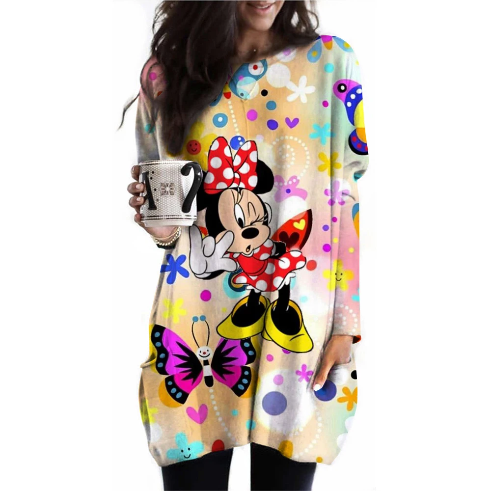 New Fashion T-shirt Long Sleeve Disney Mickey Mouse Printed T-shirt Round Neck High Quality Loose Pocket T-shirt Casual Women's