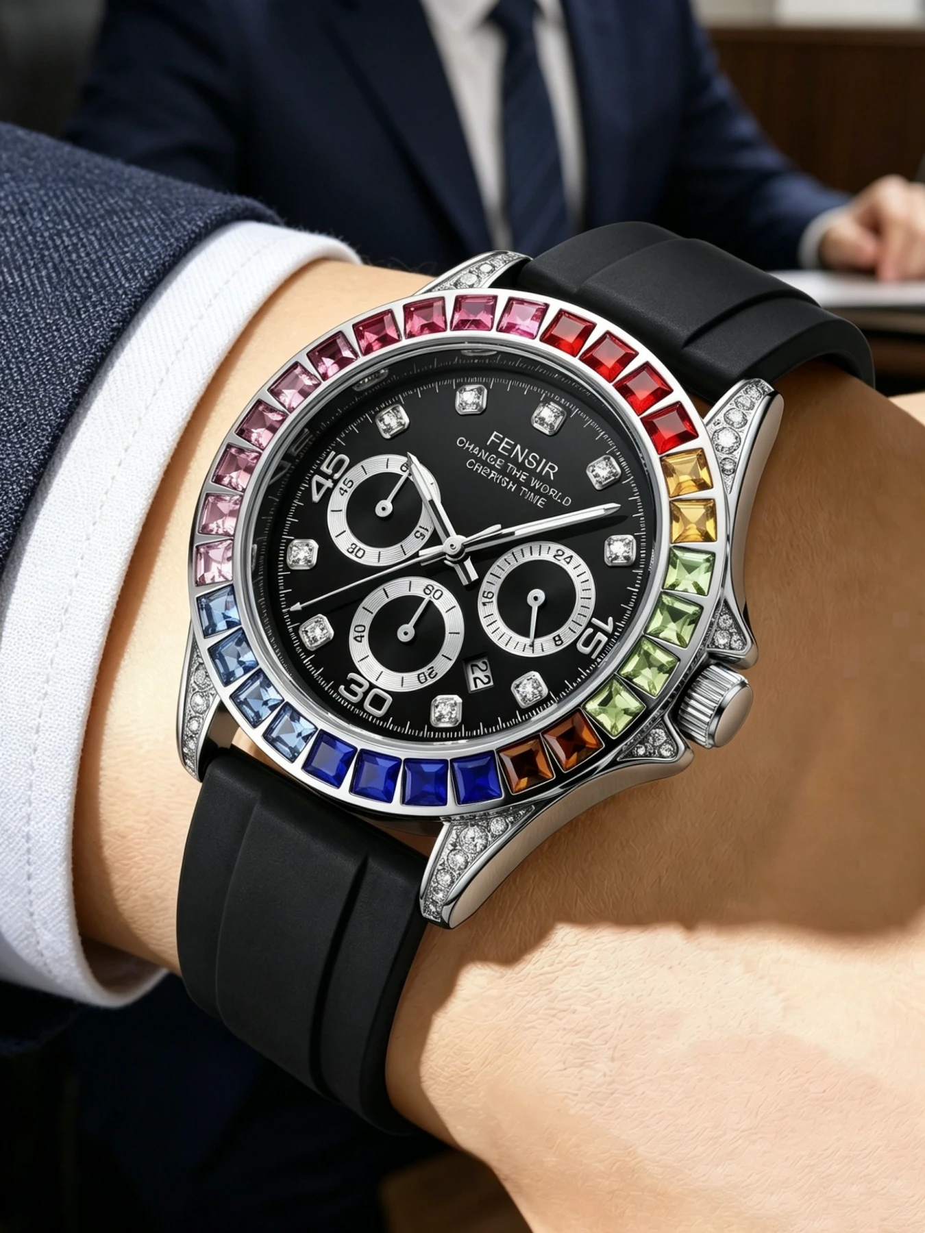 Classic Men's Rainbow Diamond Quartz Watch, Luxury Men's Watch, Black Silicone Strap Calendar Waterproof Wristwatch, Fashionable Hip-Hop Style Men's Watch, Trendy Business Versatile Watch, Gift for Boyfriend - view 6
