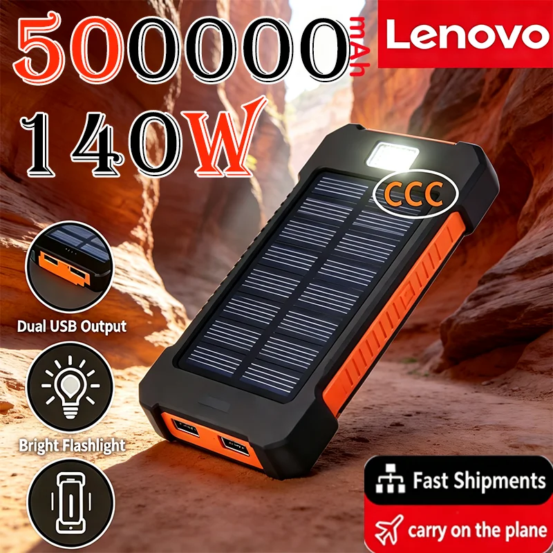 Lenovo 2026 New Large Capacity 500000mAh Solar Power Bank High Speed Charging Portable Outdoor for iPhone Huawei Samsung