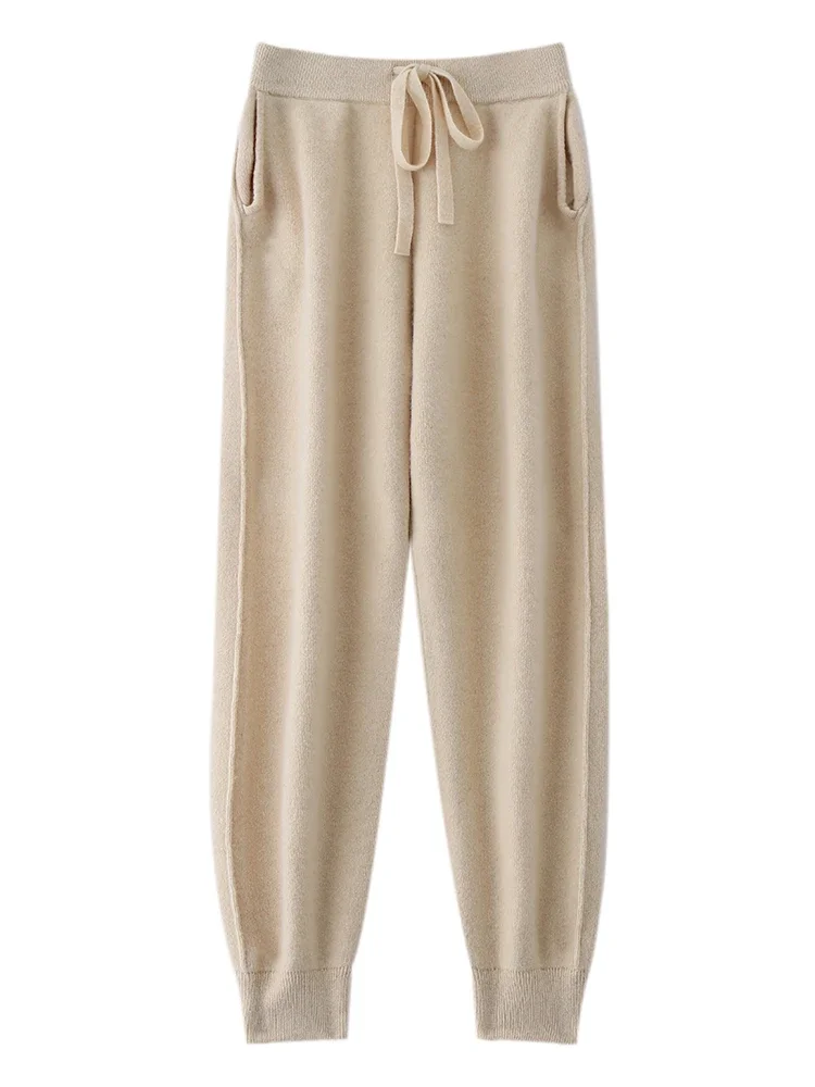 Women's Pencil Pant 100% Merino Wool Knitted Wide Leg Basic Thick Warm Cashmere Elastic Waist Casual Knit Trousers Autumn Winter