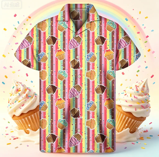 Cartoon Cupcake Graphic Hawaiian Shirts For Men 3D Print Food Lapel Shirt Summer Street Loose Tees Button Short Sleeves Blouse