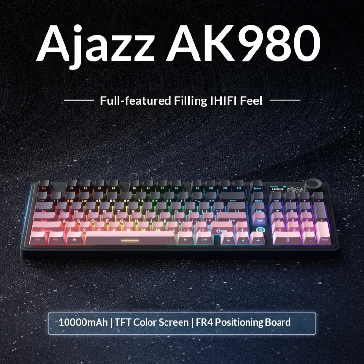 

AJAZZ AK980 Mechanical Keyboard With Screen Wireless Bluetooth Three Modes Gaming Esports Side Printed Wired Office Computer