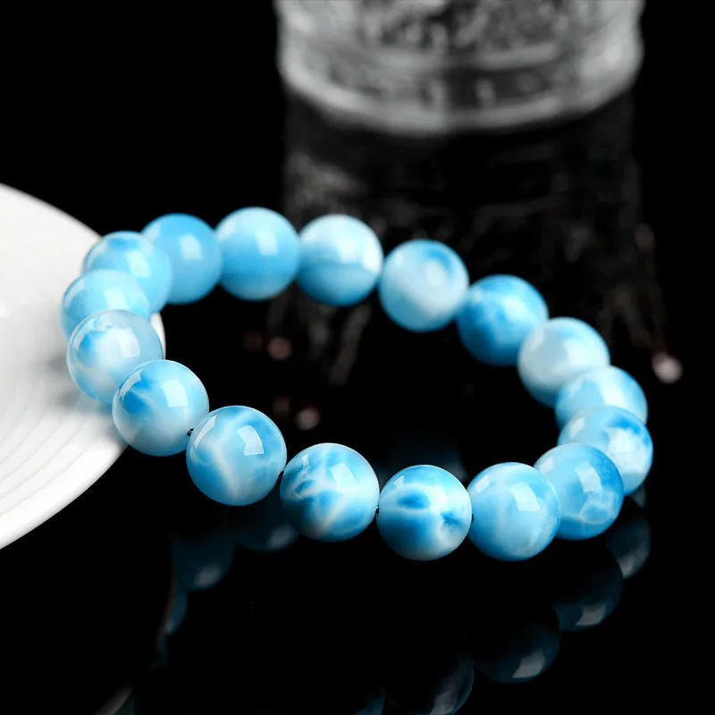 Natural 7A Grade Larimar Bracelet Naturally Dyed Blue Larimar Round Bead Bracelet