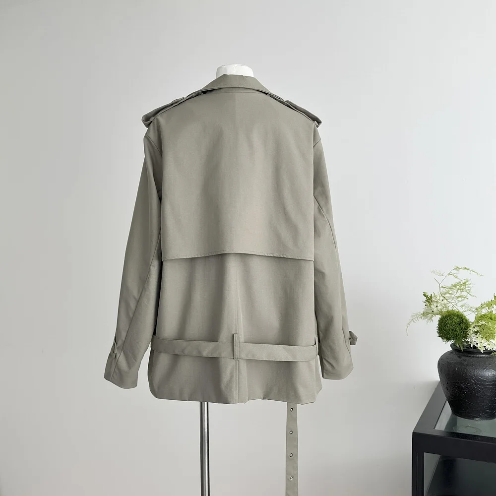 KWTX 2025 Women’s Short Trench Coat Stand Collar Double-Breasted Belted Solid Color Casual Fall Winter Premium Quality Pockets