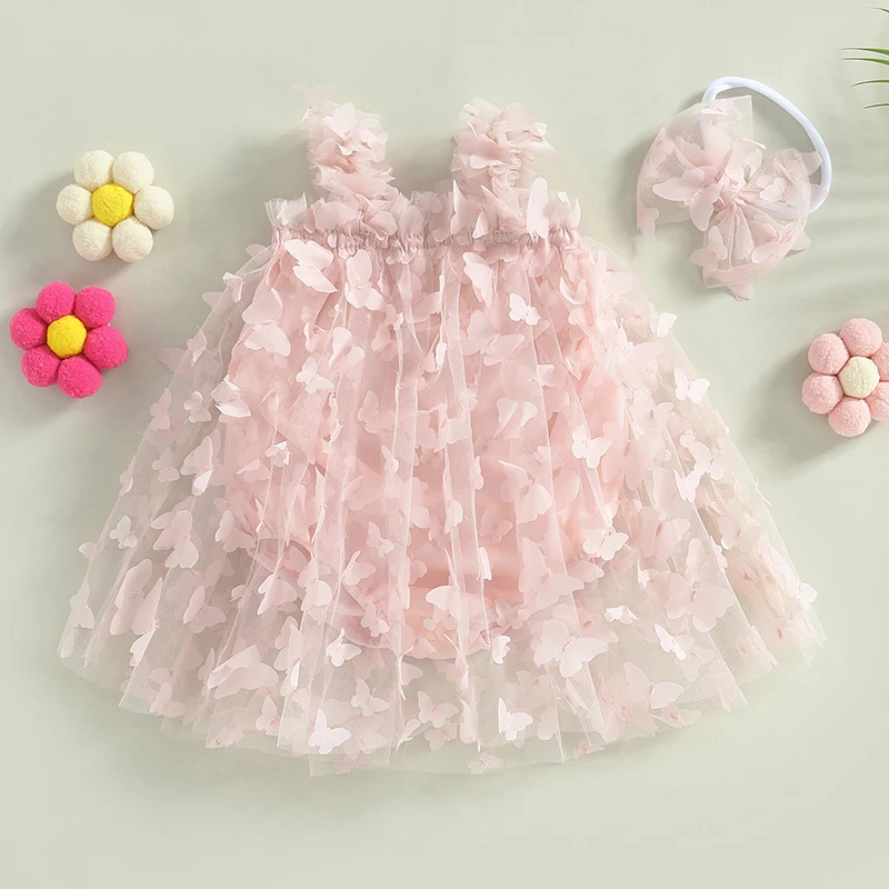 0-24M Infant Baby Girl Princess Romper Dress Sleeveless 3D Butterfly Tulle Lace Mesh Backless Jumpsuit with Headband