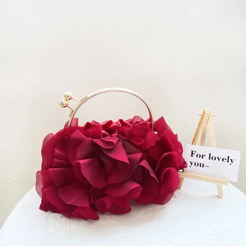 

Fashion Elegant Chiffon Flowers Romatic Dinner Evening Bags For Women Small Clutches Handbags Retro Champagne Red Shoulder Bags