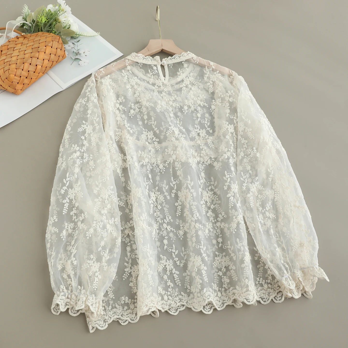 Japanese Sweet Mori Girl Lace Embroidery Organza Shirts Women Autumn Stand Collar Long Sleeve Casual Loose Pullover Blouse Tops