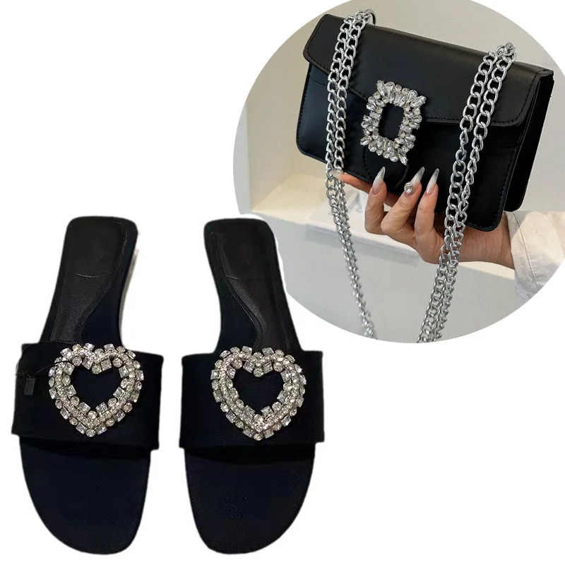 

2026 Summer New Sandals Luxury Flat Bottom Love Diamond Buckle Outdoor Sandals Fashion Women's Shoes Fashion Shoulder Bag Set