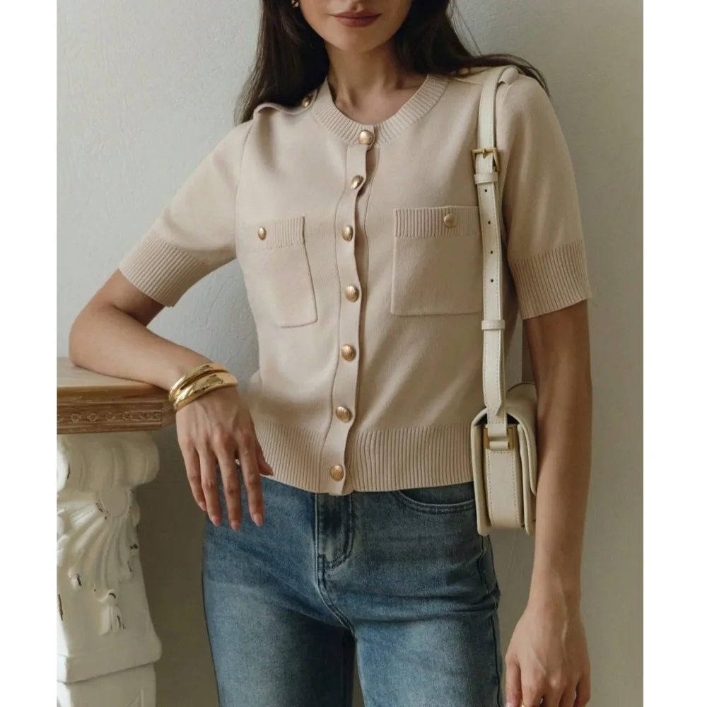 Autumn Simpl Elegant Double Pocket Metal Buckle Knitted Women Top Cardigan O Neck Casual Versatile Female Office Knitted Sweater