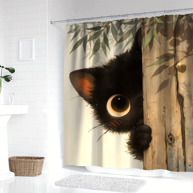 YWJHUI Cartoon Black Cat Shower Curtain, Digital Print Cute Shy Kitten Behind Wooden Planks, Polyester Bathroom Decor with Hooks