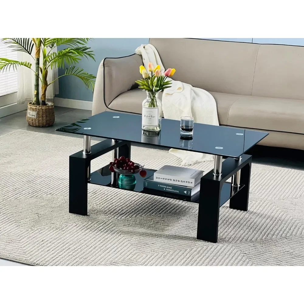 

Living Room Rectangle Coffee Table, Tea Table, Modern Side Coffee Table with Wooden Leg, Glass Tabletop with Lower Shelf