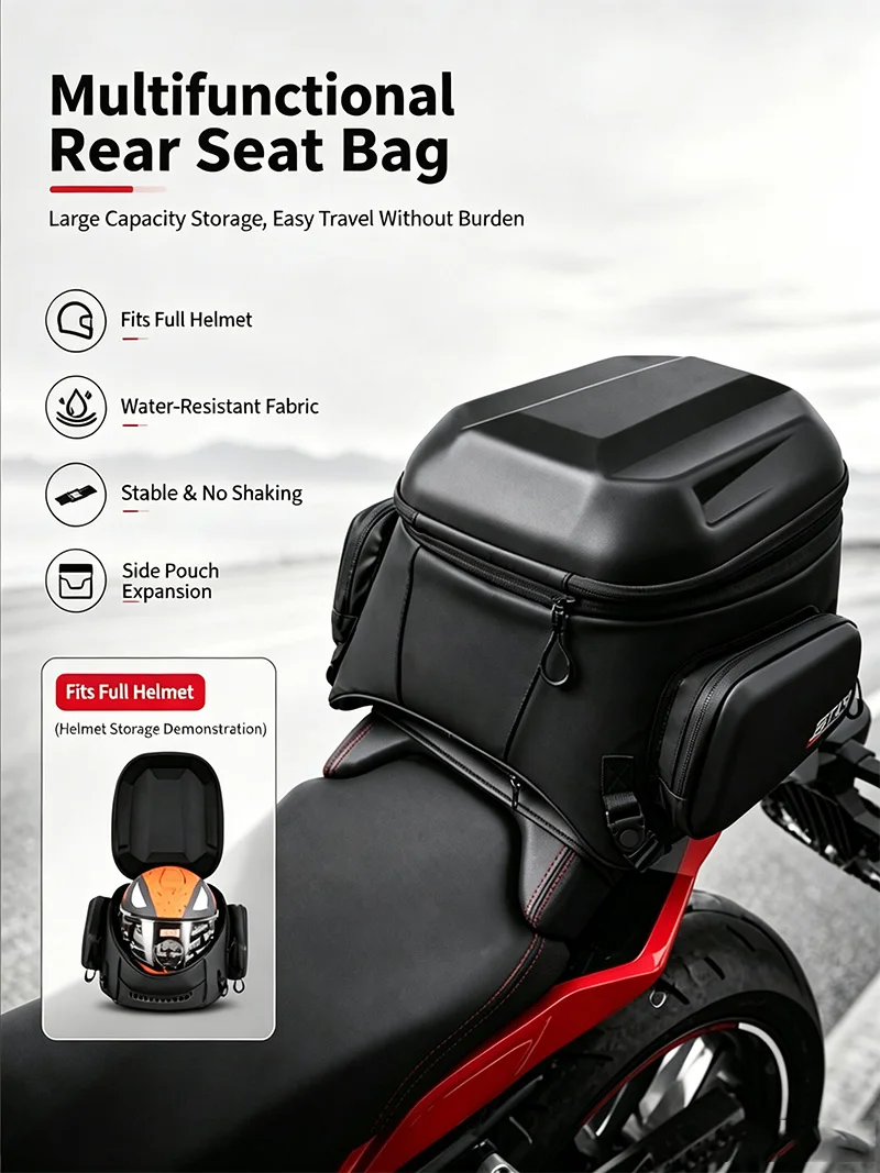 Star Knight SKB395 54L Hard Shell Tail Bag, Waterproof Motorcycle Rear Luggage Helmet Backpack for Scooter Dirt Bike Motorbike