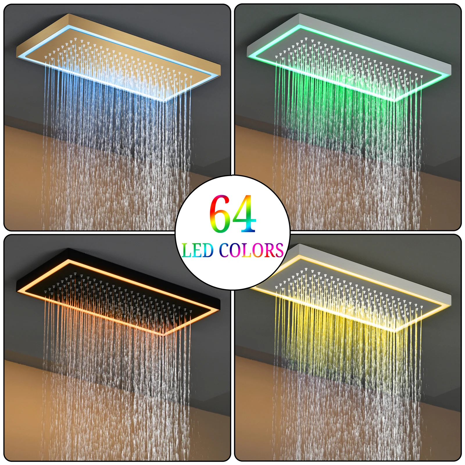 Qlonn Luxurious 1200×200mm LED Lighting Massage Waterfall And Rainfall Shower Panel Embedded Ceiling Shower Head Stainless Steel