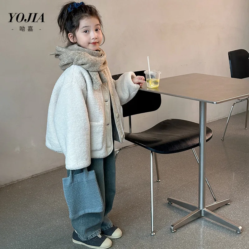 

Girls Lamb Wool Coat Winter 2024 New Foreign Air Sandwich Cotton Warm Top Children Winter Coat Korean Simple Style Top Clothes