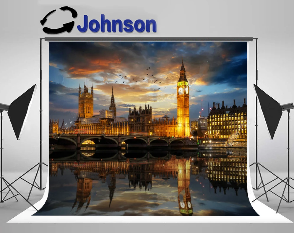 

JOHNSON Westminster Palace Big Ben Clock Clocktower Thames River London Sunset Bridge backdrops Computer print scenic background