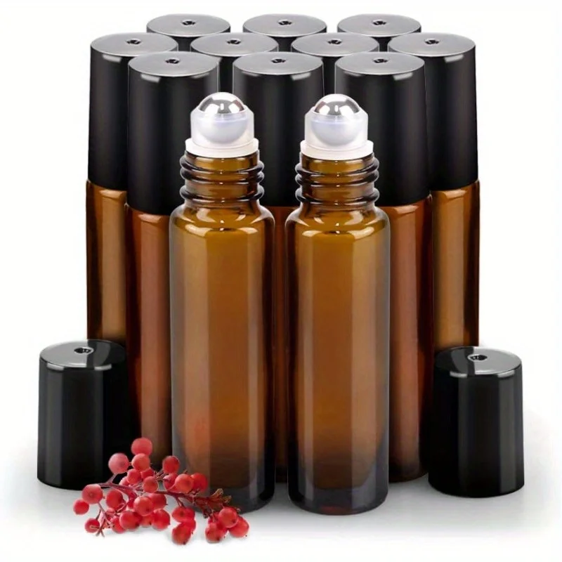 

10Pack Essential Oil Roller Bottles Stainless Steel, 10ml Amber Glass Roller Bottles with Caps for Travel, Perfume and Lip