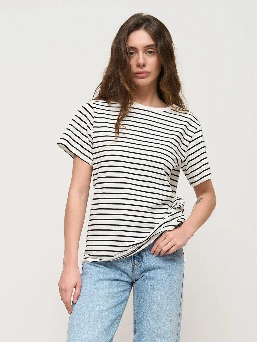 

New Fashion Summer Short Sleeve Striped T-Shirts Women Knitted Basic Casual Tops Female Cozy Loose Cotton Tees