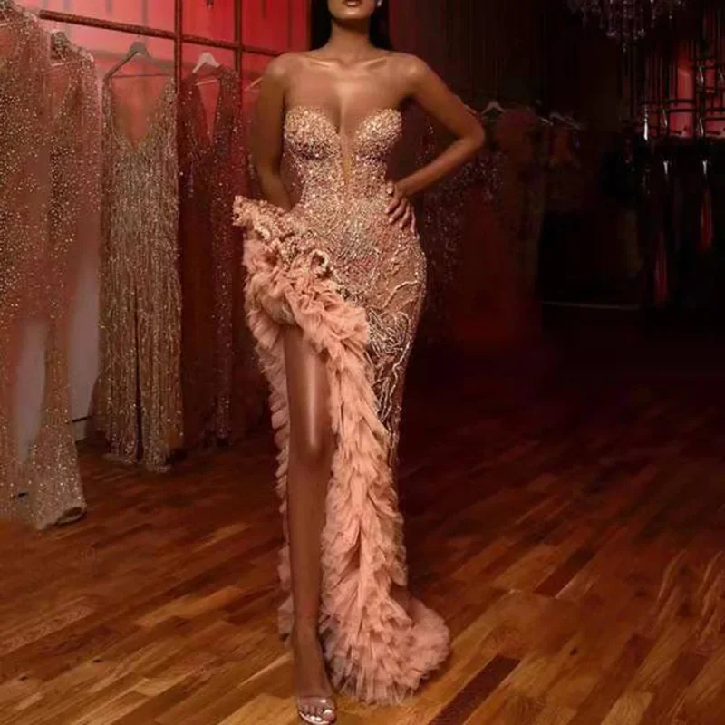 

Summer new European and American women's clothing annual meeting fringed tail sexy gold tube top dress dress