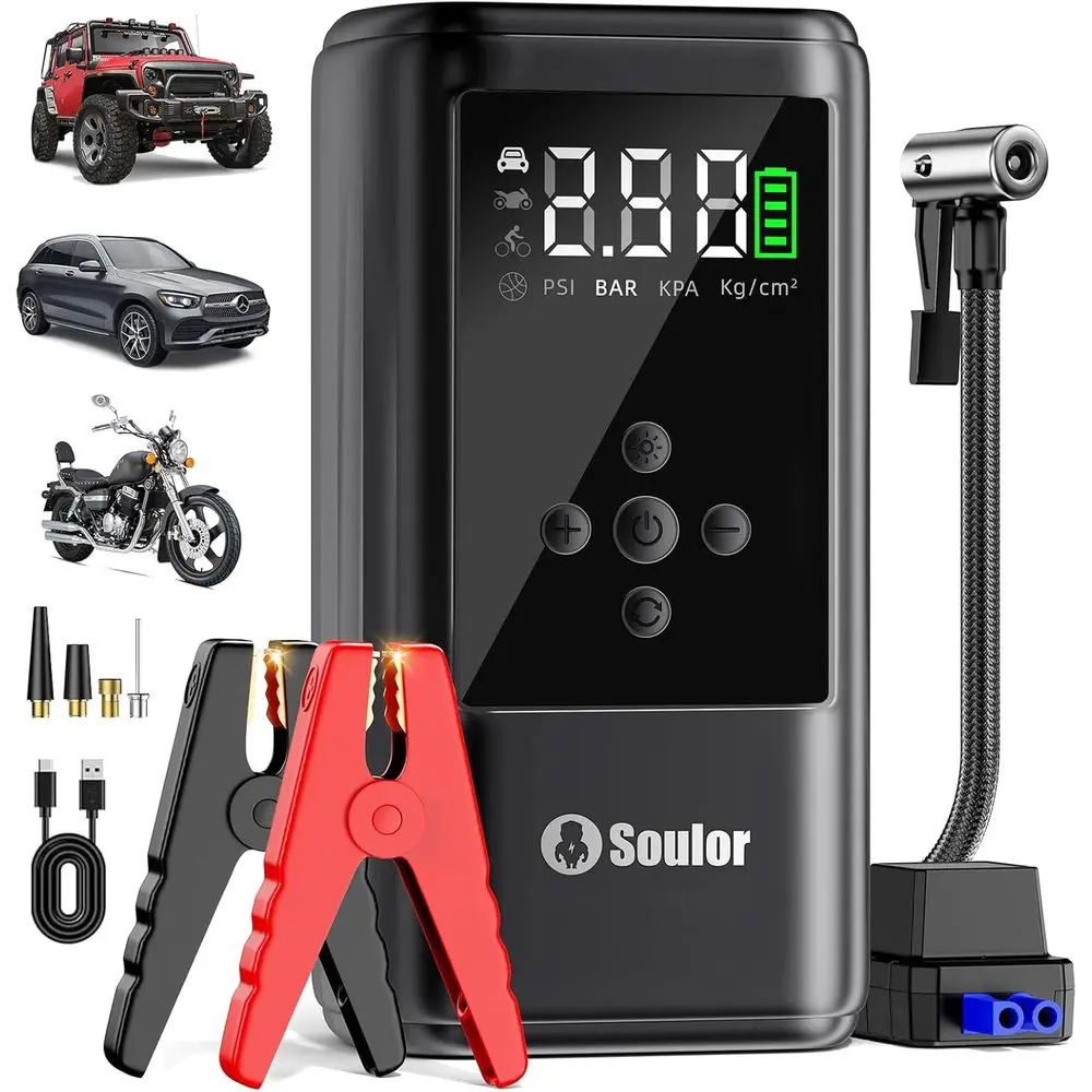 

Portable 12V Car Jump Starter with Air Compressor, 160PSI Tire Inflator, LED Light, and Jumper Cables for All Cars