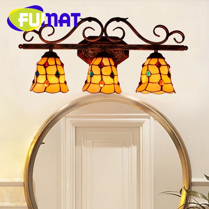 FUMAT Tiffany style stained glass retro colored bead wall light Bar Restaurant Bedroom corridor three head wall lamp LED decor