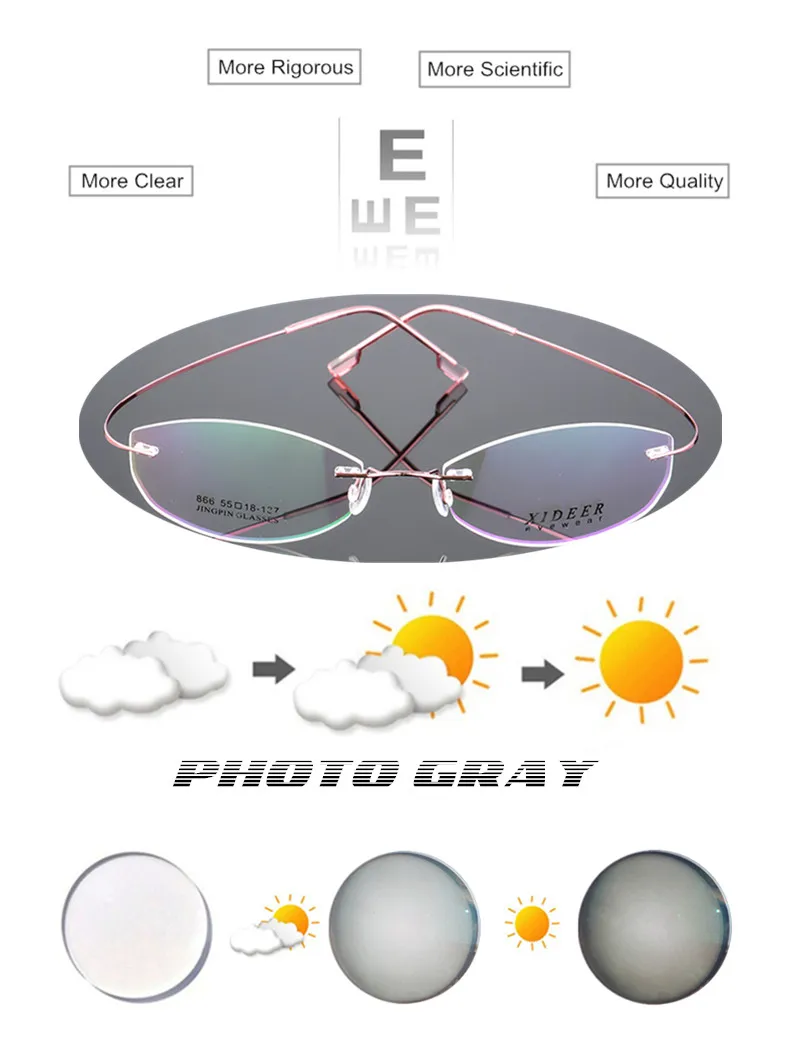 Randlose Brillen für Kurzsichtigkeit sphärisch -0.5 bis -8.0 zylindrisch -0.5 bis -2.0 Titanlegierungsgestelle für Damen und Herren Blaulichtfilter oder photochrome Gläser F093 – Detail 3