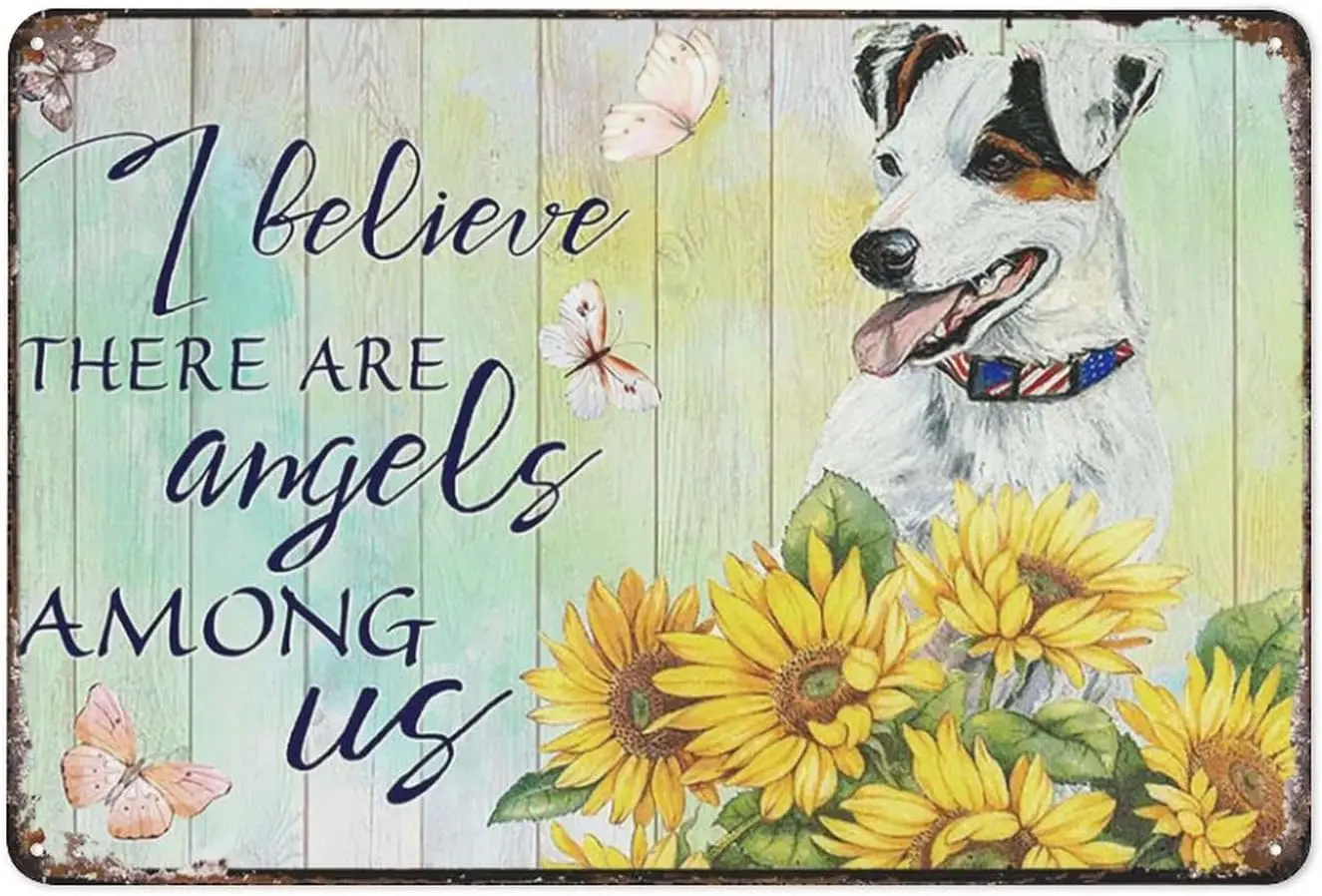 Vintage Retro Plaque Poster Metal Tin Sign I Believe Angels Among Jack Russell Terrier Wall Art Decor For Coffee Bar Pub Beer Ho