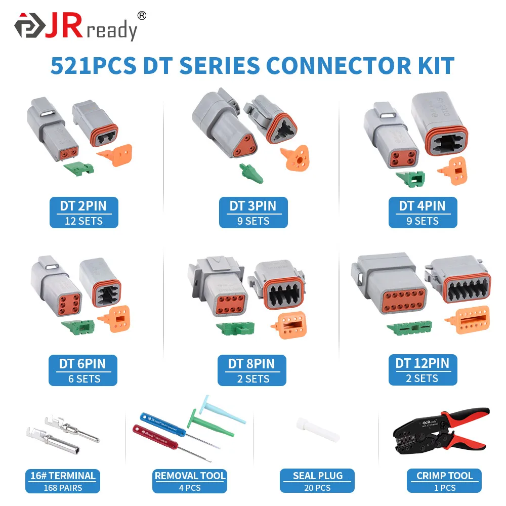 JRready ST6303 521 PCS DT Deutsch Connector Kit with Deutsch Crimper ACT-LY-16DT, 2-12Pin Connector with Stamped Contacts Size16